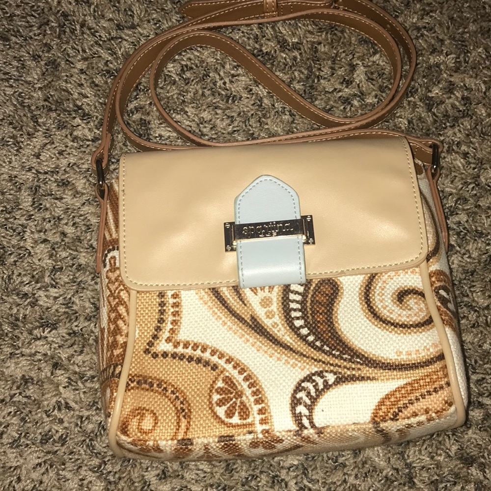 Beige & Brown Paisley Crossbody Bag with Light Blue Accent